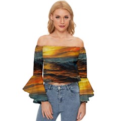 Ocean Sunset Sea Ocean Sunset Off Shoulder Flutter Bell Sleeve Top by Ravend