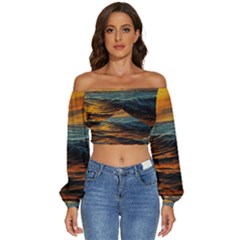 Ocean Sunset Sea Ocean Sunset Long Sleeve Crinkled Weave Crop Top