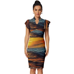 Ocean Sunset Sea Ocean Sunset Vintage Frill Sleeve V-neck Bodycon Dress by Ravend