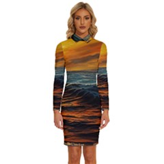 Ocean Sunset Sea Ocean Sunset Long Sleeve Shirt Collar Bodycon Dress