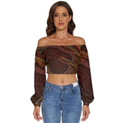 Fractal Pattern Geometric Pattern Long Sleeve Crinkled Weave Crop Top