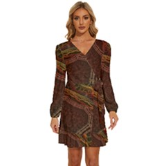 Fractal Pattern Geometric Pattern Long Sleeve Waist Tie Ruffle Velour Dress