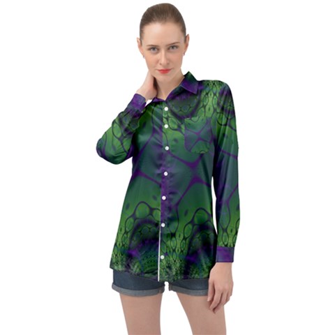 Abstract Art Fractal Long Sleeve Satin Shirt by Ravend