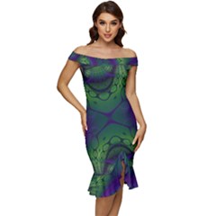 Abstract Art Fractal Off Shoulder Ruffle Split Hem Bodycon Dress