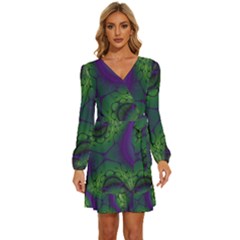 Abstract Art Fractal Long Sleeve Waist Tie Ruffle Velour Dress