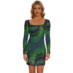 Abstract Art Fractal Long Sleeve Square Neck Bodycon Velour Dress