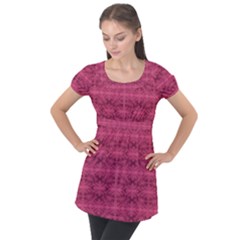 Elegant Pink Floral Geometric Pattern Puff Sleeve Tunic Top by dflcprintsclothing