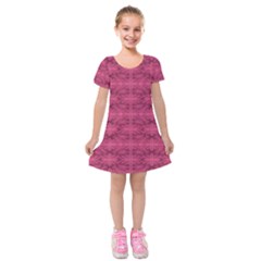 Elegant Pink Floral Geometric Pattern Kids  Short Sleeve Velvet Dress