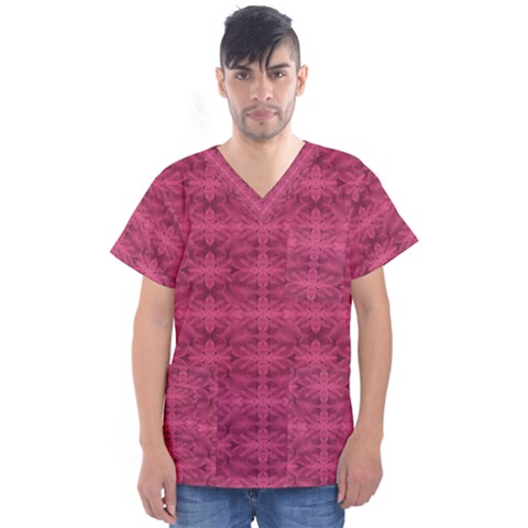 Elegant Pink Floral Geometric Pattern Men s V-neck Scrub Top by dflcprintsclothing