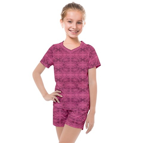 Elegant Pink Floral Geometric Pattern Kids  Mesh Tee And Shorts Set by dflcprintsclothing