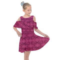 Elegant Pink Floral Geometric Pattern Kids  Shoulder Cutout Chiffon Dress