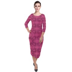 Elegant Pink Floral Geometric Pattern Quarter Sleeve Midi Velour Bodycon Dress by dflcprintsclothing