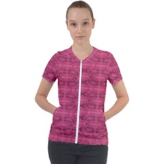 Elegant Pink Floral Geometric Pattern Short Sleeve Zip Up Jacket by dflcprintsclothing