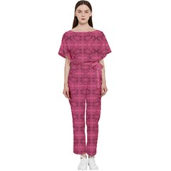 Elegant Pink Floral Geometric Pattern Batwing Lightweight Chiffon Jumpsuit by dflcprintsclothing