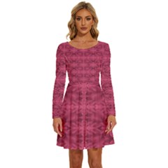 Elegant Pink Floral Geometric Pattern Long Sleeve Wide Neck Velour Dress by dflcprintsclothing