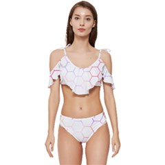 Abstract T- Shirt Honeycomb Pattern 7 Ruffle Edge Tie Up Bikini Set	