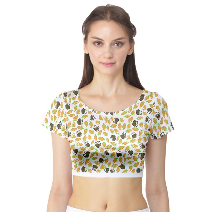 Art T- Shirt Brown Bunnies And Orange Carrots On Goldenrod Easter Pattern T- Shirt Short Sleeve Crop Top