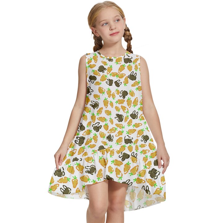 Art T- Shirt Brown Bunnies And Orange Carrots On Goldenrod Easter Pattern T- Shirt Kids  Frill Swing Dress