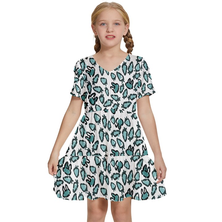 Art T- Shirt Bunnies And Carrots Pattern In Easter Blues T- Shirt Kids  Short Sleeve Tiered Mini Dress