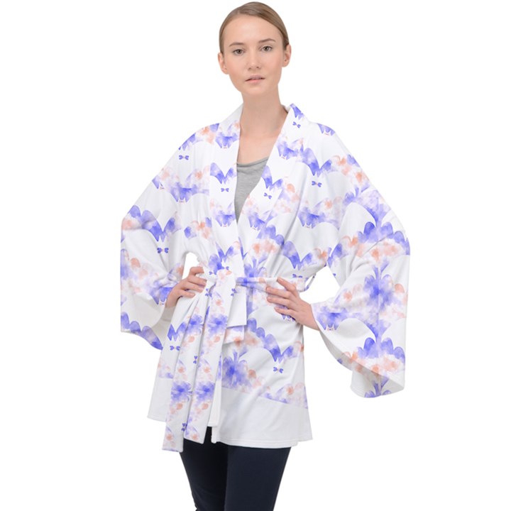 Bat Pattern T- Shirt Bats And Bows Blue Orange T- Shirt Long Sleeve Velvet Kimono 