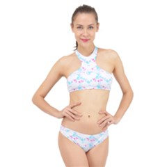 Bat Pattern T- Shirt Bats And Bows Blue Pink T- Shirt High Neck Bikini Set by maxcute