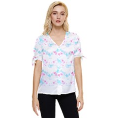 Bat Pattern T- Shirt Bats And Bows Blue Pink T- Shirt Bow Sleeve Button Up Top by maxcute