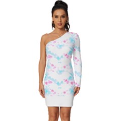 Bat Pattern T- Shirt Bats And Bows Blue Pink T- Shirt Long Sleeve One Shoulder Mini Dress