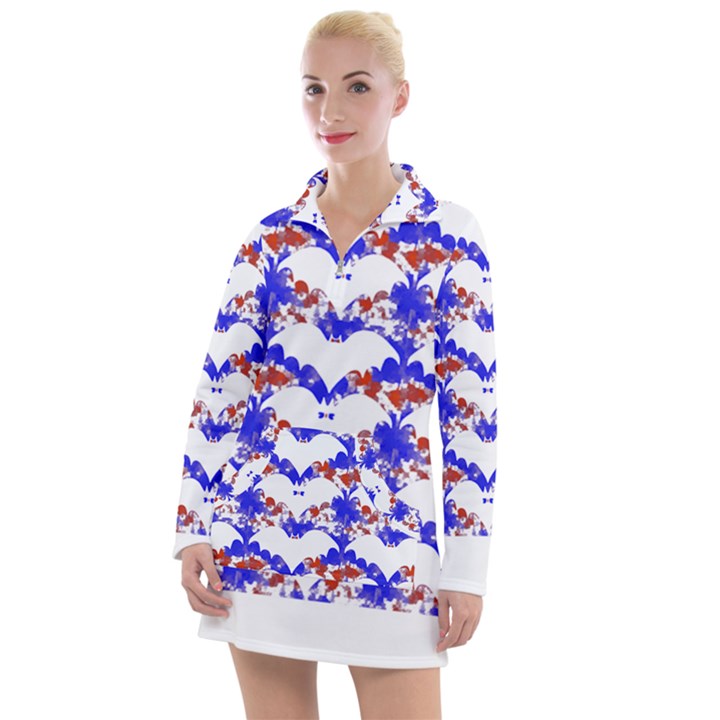 Bat Pattern T- Shirt White Bats And Bows Red Blue T- Shirt Women s Long Sleeve Casual Dress