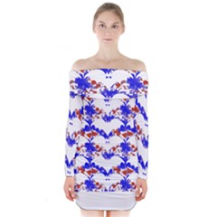 Bat Pattern T- Shirt White Bats And Bows Red Blue T- Shirt Long Sleeve Off Shoulder Dress by maxcute