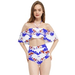 Bat Pattern T- Shirt White Bats And Bows Red Blue T- Shirt Halter Flowy Bikini Set  by maxcute