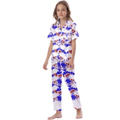 Bat Pattern T- Shirt White Bats And Bows Red Blue T- Shirt Kids  Satin Short Sleeve Pajamas Set