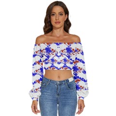 Bat Pattern T- Shirt White Bats And Bows Red Blue T- Shirt Long Sleeve Crinkled Weave Crop Top