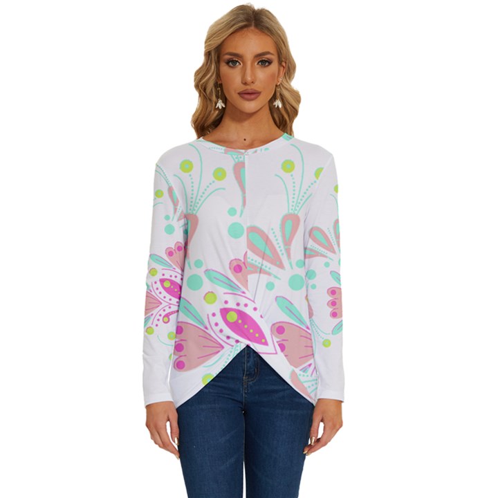 Batik T- Shirt Batik Floral Pattern T- Shirt Long Sleeve Crew Neck Pullover Top