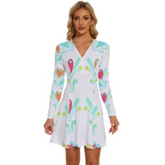 Batik T- Shirt Batik Flower Pattern 5 Long Sleeve Deep V Mini Dress 