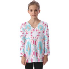 Batik T- Shirt Batik Flower Pattern 6 Kids  V Neck Casual Top