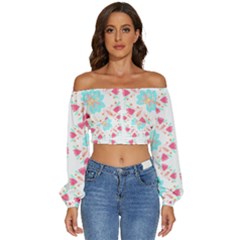 Batik T- Shirt Batik Flower Pattern 6 Long Sleeve Crinkled Weave Crop Top