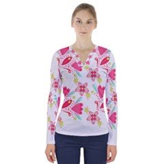 Batik T- Shirt Batik Flower Pattern 7 V-neck Long Sleeve Top by maxcute