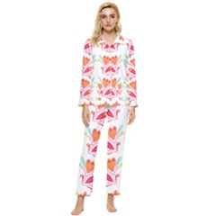 Batik T- Shirt Batik Flower Pattern8 Womens  Long Sleeve Velvet Pocket Pajamas Set