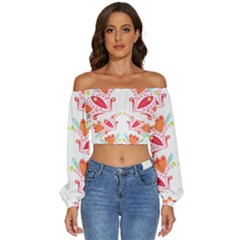 Batik T- Shirt Batik Flower Pattern8 Long Sleeve Crinkled Weave Crop Top