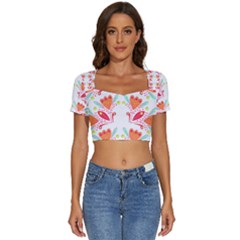 Batik T- Shirt Batik Flower Pattern8 Short Sleeve Square Neckline Crop Top 