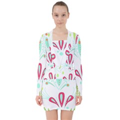 Batik T- Shirt Batik Flowers  Pattern T- Shirt V-neck Bodycon Long Sleeve Dress by maxcute