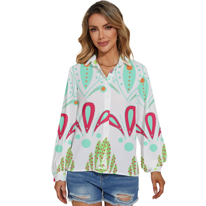 Batik T- Shirt Batik Flowers  Pattern T- Shirt Women s Long Sleeve Button Down Shirt