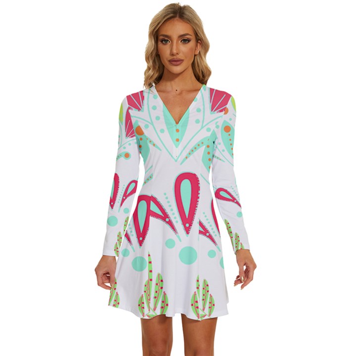 Batik T- Shirt Batik Flowers  Pattern T- Shirt Long Sleeve Deep V Mini Dress 