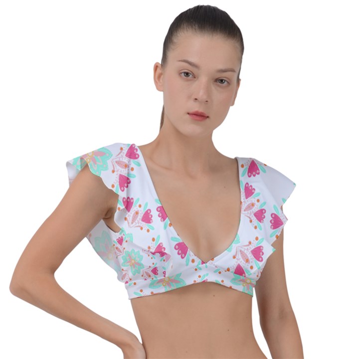 Batik T- Shirt Flowers Batik Pattern T- Shirt Plunge Frill Sleeve Bikini Top