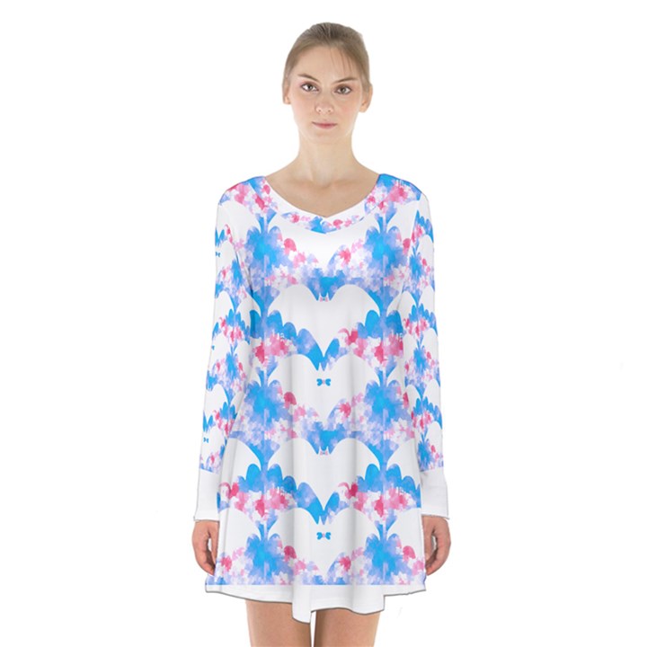 Bats Pattern T- Shirt White Bats And Bows Blue Pink T- Shirt Long Sleeve Velvet V-neck Dress