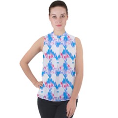 Bats Pattern T- Shirt White Bats And Bows Blue Pink T- Shirt Mock Neck Chiffon Sleeveless Top by maxcute