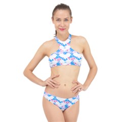 Bats Pattern T- Shirt White Bats And Bows Blue Pink T- Shirt High Neck Bikini Set by maxcute