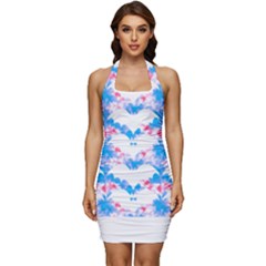 Bats Pattern T- Shirt White Bats And Bows Blue Pink T- Shirt Sleeveless Wide Square Neckline Ruched Bodycon Dress