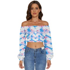 Bats Pattern T- Shirt White Bats And Bows Blue Pink T- Shirt Long Sleeve Crinkled Weave Crop Top