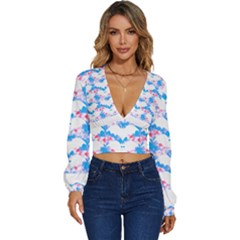 Bats Pattern T- Shirt White Bats And Bows Blue Pink T- Shirt Long Sleeve Deep-v Velour Top